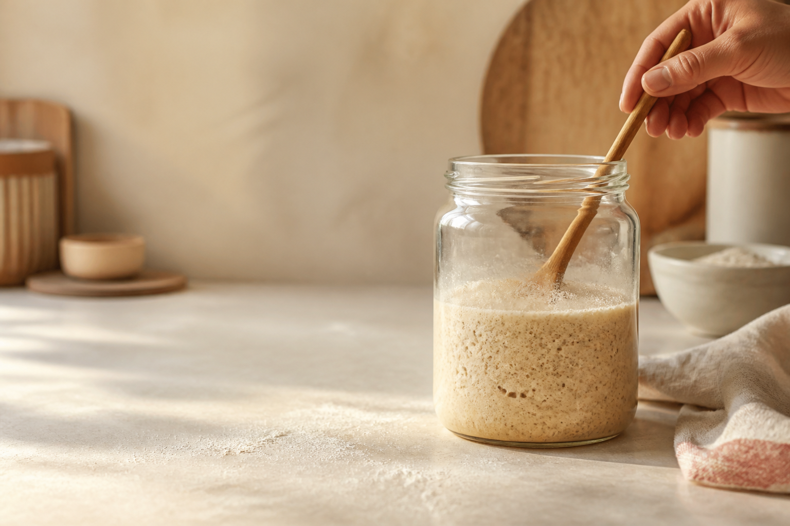 A lively sourdough starter being stirred in a sunlit kitchen